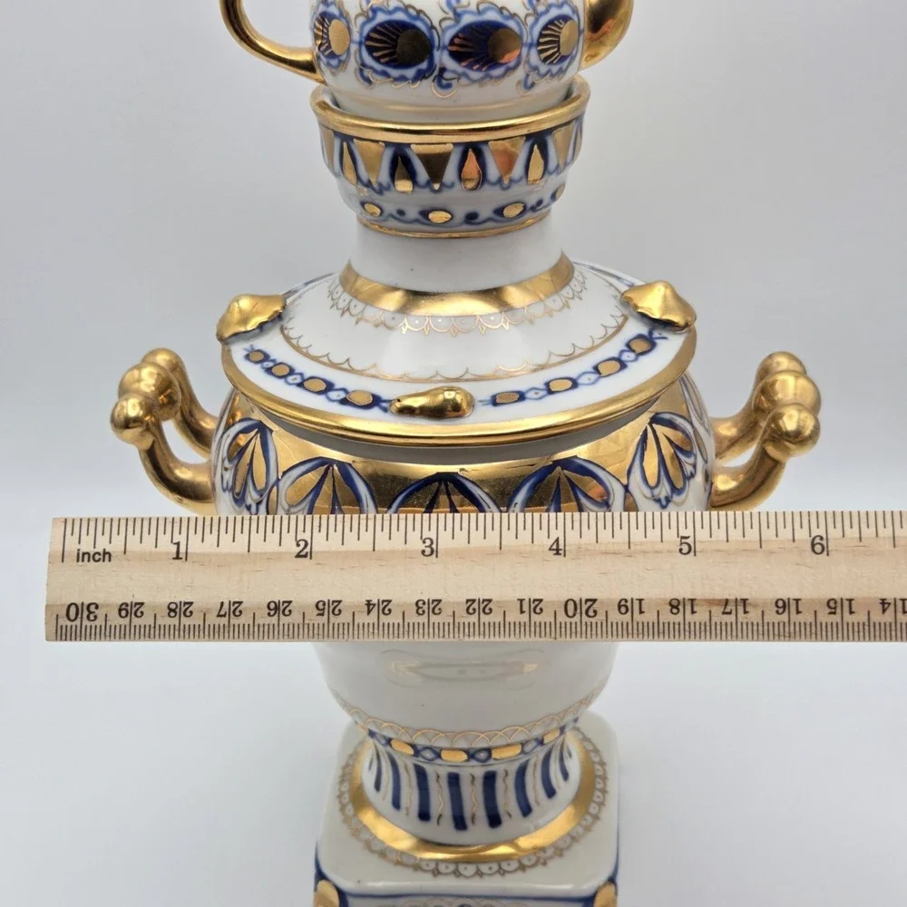 Vintage Russian Gzhel Decorative USSR Porcelain‎ Samovar Teapot Gift Gold Gilt